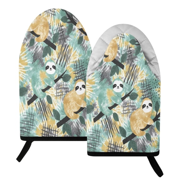 BZSMCE 2 Pack Cute Sloth Pattern Print Heat Resistant Cotton Oven Mitts for Kitchen BBQ Baking
