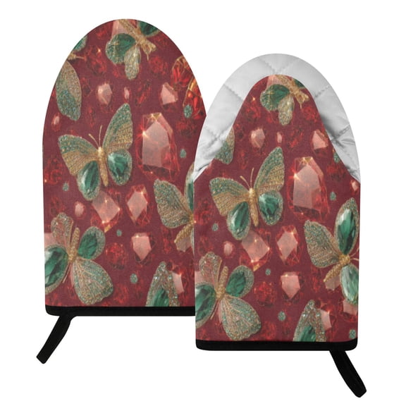 BZSMCE 2 Pack Emerald Butterflies on Ruby Print Heat Resistant Cotton Oven Mitts for Kitchen BBQ Baking