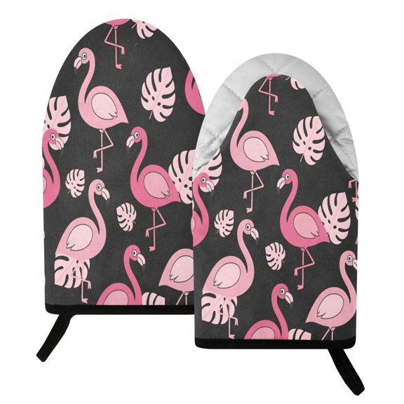 BZSMCE 2 Pack Flamingo Print Heat Resistant Cotton Oven Mitts for Kitchen BBQ Baking