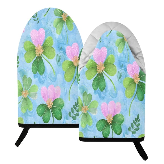 BZSMCE 2 Pack Four Leaf Clover Blue Background Pattern Print Heat Resistant Cotton Oven Mitts for Kitchen BBQ Baking