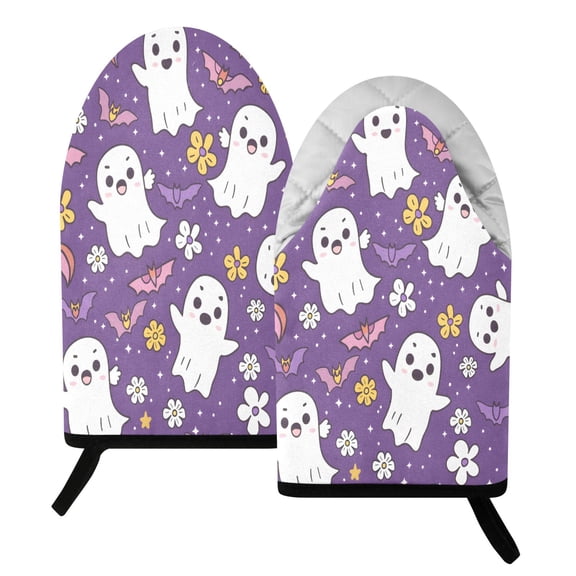 BZSMCE 2 Pack Ghost Bat Flower Pattern Print Heat Resistant Cotton Oven Mitts for Kitchen BBQ Baking