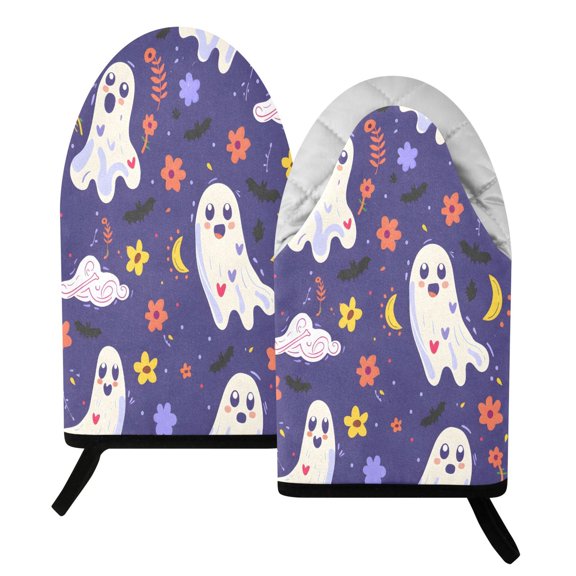 BZSMCE 2 Pack Ghost Cloud Moon Flower Pattern Print Heat Resistant Cotton Oven Mitts for Kitchen BBQ Baking