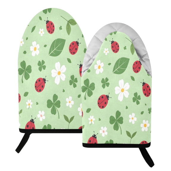 BZSMCE 2 Pack Ladybug Clover Flower Print Heat Resistant Cotton Oven Mitts for Kitchen BBQ Baking