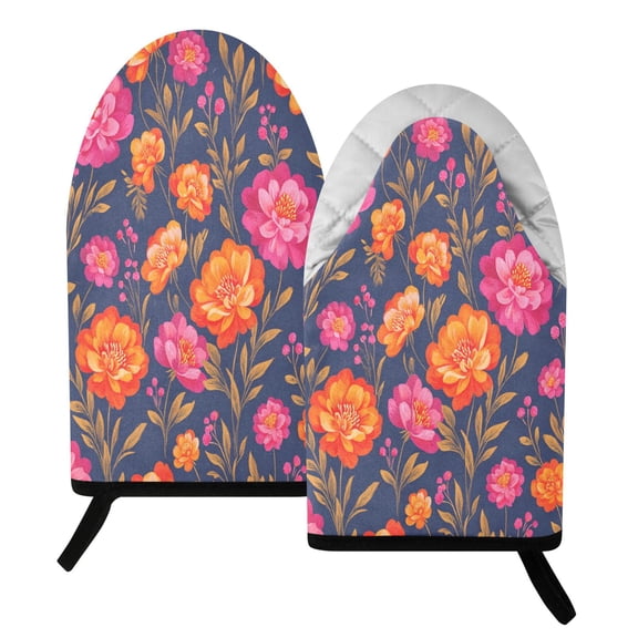 BZSMCE 2 Pack Midnight Bloom Print Heat Resistant Cotton Oven Mitts for Kitchen BBQ Baking