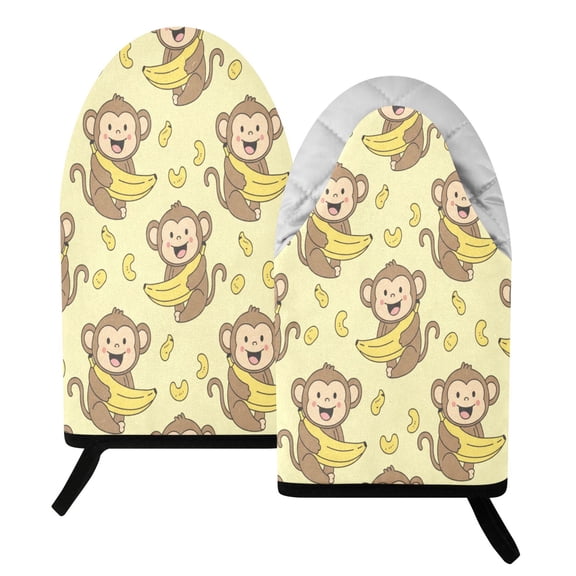 BZSMCE 2 Pack Monkey Bananas Print Heat Resistant Cotton Oven Mitts for Kitchen BBQ Baking