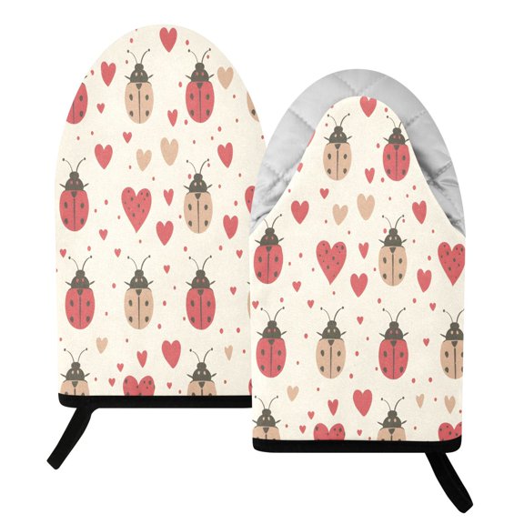 BZSMCE 2 Pack Off-white Red Ladybug Heart Pattern Print Heat Resistant Cotton Oven Mitts for Kitchen BBQ Baking