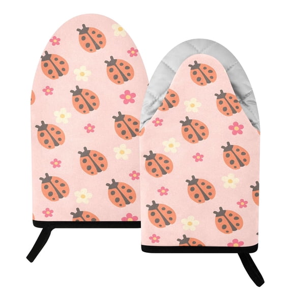 BZSMCE 2 Pack Pink Ladybug-flower Print Heat Resistant Cotton Oven Mitts for Kitchen BBQ Baking