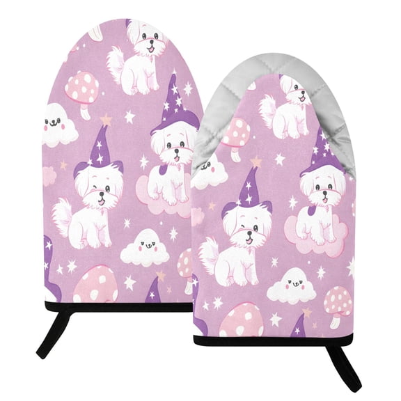 BZSMCE 2 Pack Puppy Magic Hat Pattern Print Heat Resistant Cotton Oven Mitts for Kitchen BBQ Baking