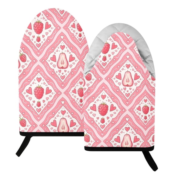 BZSMCE 2 Pack Raspberry Wax Apple Pattern Print Heat Resistant Cotton Oven Mitts for Kitchen BBQ Baking
