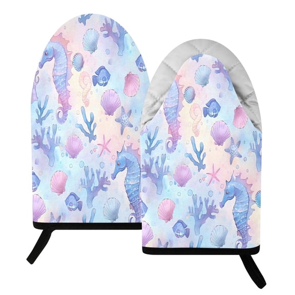 BZSMCE 2 Pack Seahorse Shell Coral Pattern Print Heat Resistant Cotton Oven Mitts for Kitchen BBQ Baking