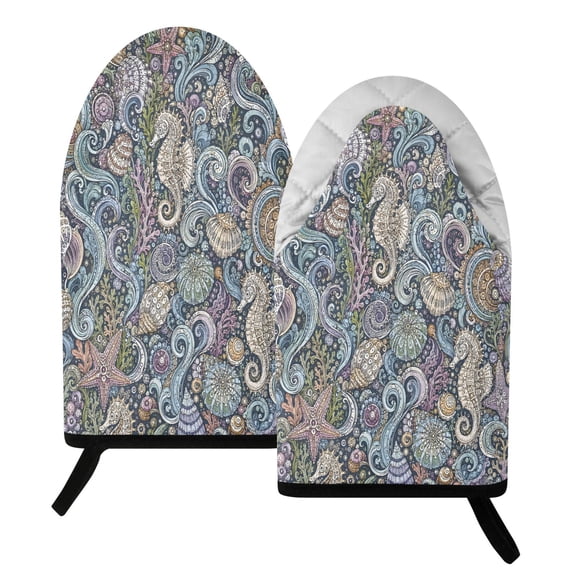 BZSMCE 2 Pack Seahorses Shells Coral Print Heat Resistant Cotton Oven Mitts for Kitchen BBQ Baking
