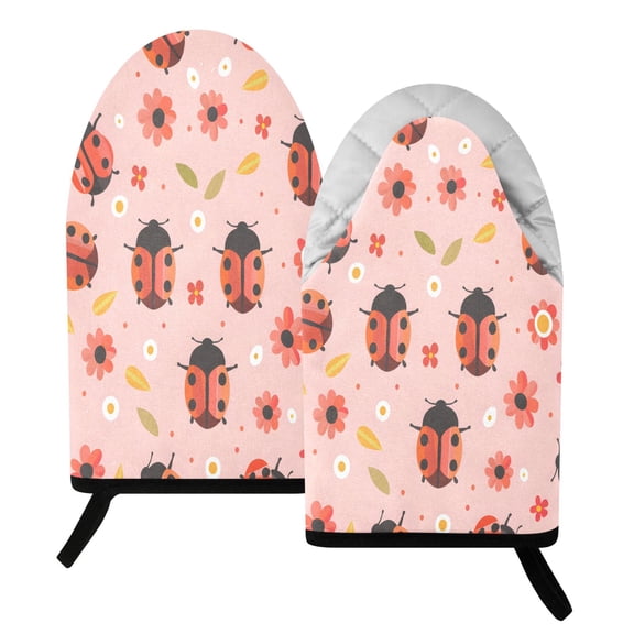 BZSMCE 2 Pack Seven-spotted Ladybug Flower Pattern Print Heat Resistant Cotton Oven Mitts for Kitchen BBQ Baking