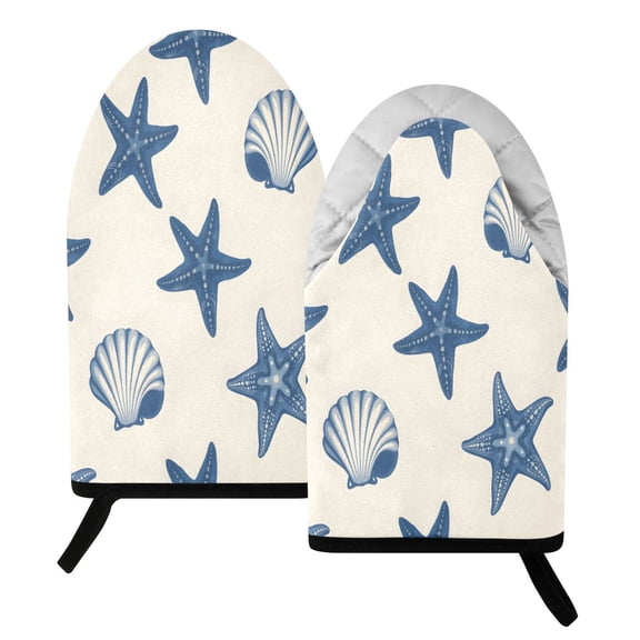 BZSMCE 2 Pack Starfish and Shells Pattern Print Heat Resistant Cotton Oven Mitts for Kitchen BBQ Baking