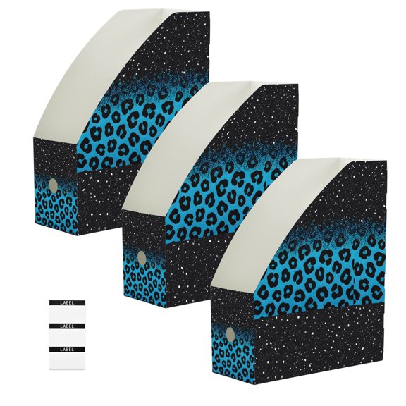 BZSMCE 3/6 Pack Blue Sparkly Glitter Leopard Print Desktop File Holders PP Water‑Resistant Magazine Organizer Flat‑Pack Document Folder with Labels for Home Office Desk Organization