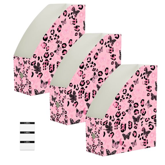 BZSMCE 3/6 Pack Blush Leopard Flutter Print Desktop File Holders PP Water‑Resistant Magazine Organizer Flat‑Pack Document Folder with Labels for Home Office Desk Organization