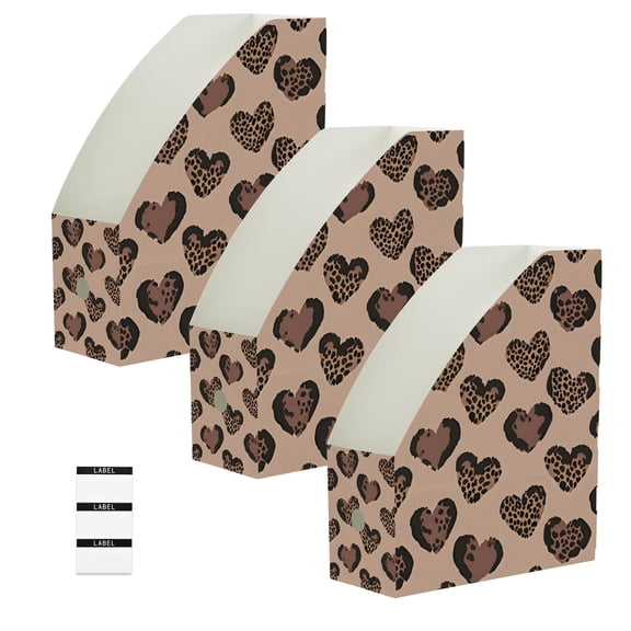 BZSMCE 3/6 Pack Brown Heart-shaped Leopard Print Pattern Print Desktop File Holders PP Water‑Resistant Magazine Organizer Flat‑Pack Document Folder with Labels for Home Office Desk Organization