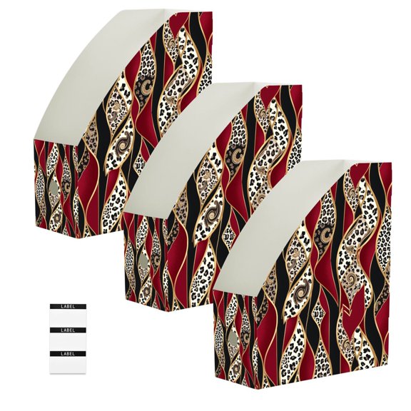 BZSMCE 3/6 Pack Burgundy Leopard Wave Print Desktop File Holders PP Water‑Resistant Magazine Organizer Flat‑Pack Document Folder with Labels for Home Office Desk Organization