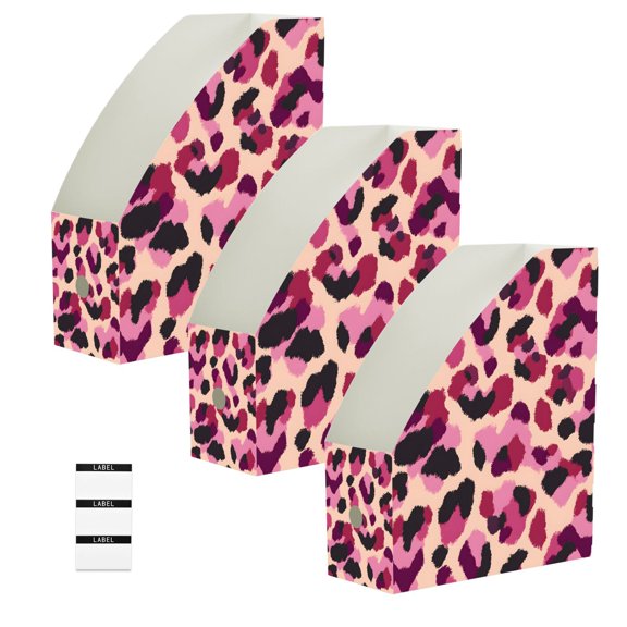 BZSMCE 3/6 Pack Cute Leopard Print Pattern Print Desktop File Holders PP Water‑Resistant Magazine Organizer Flat‑Pack Document Folder with Labels for Home Office Desk Organization