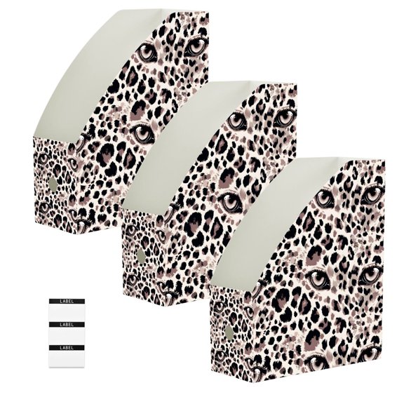 BZSMCE 3/6 Pack Eye Leopard Print Pattern Print Desktop File Holders PP Water‑Resistant Magazine Organizer Flat‑Pack Document Folder with Labels for Home Office Desk Organization