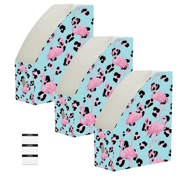 BZSMCE 3/6 Pack Flamingo Leopard Print Pattern Print Desktop File Holders PP Water‑Resistant Magazine Organizer Flat‑Pack Document Folder with Labels for Home Office Desk Organization