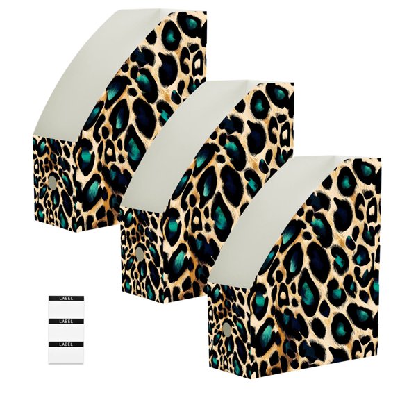 BZSMCE 3/6 Pack Jewel Green Leopard Print Pattern Print Desktop File Holders PP Water‑Resistant Magazine Organizer Flat‑Pack Document Folder with Labels for Home Office Desk Organization