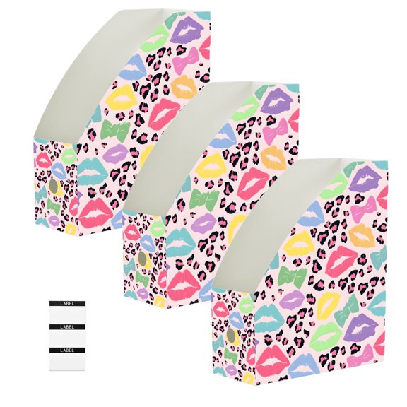 BZSMCE 3/6 Pack Leopard Lip Bow Print Desktop File Holders PP Water‑Resistant Magazine Organizer Flat‑Pack Document Folder with Labels for Home Office Desk Organization