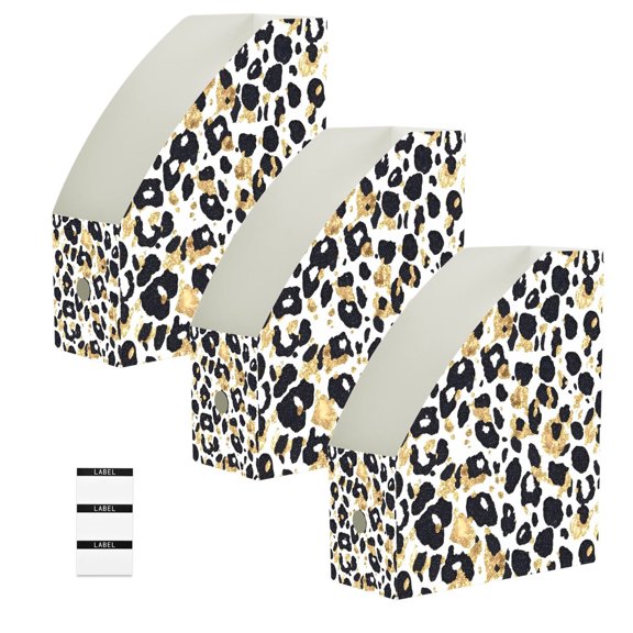 BZSMCE 3/6 Pack Leopard Print Gold Stamping Pattern Print Desktop File Holders PP Water‑Resistant Magazine Organizer Flat‑Pack Document Folder with Labels for Home Office Desk Organization