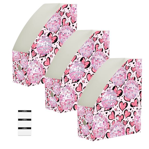 BZSMCE 3/6 Pack Leopard Print Pink Disco Ball Pattern Print Desktop File Holders PP Water‑Resistant Magazine Organizer Flat‑Pack Document Folder with Labels for Home Office Desk Organization