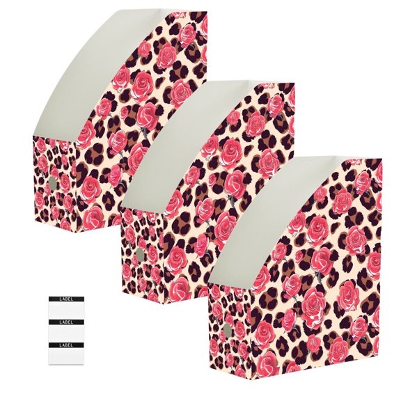 BZSMCE 3/6 Pack Leopard Print Rose Pattern Print Desktop File Holders PP Water‑Resistant Magazine Organizer Flat‑Pack Document Folder with Labels for Home Office Desk Organization