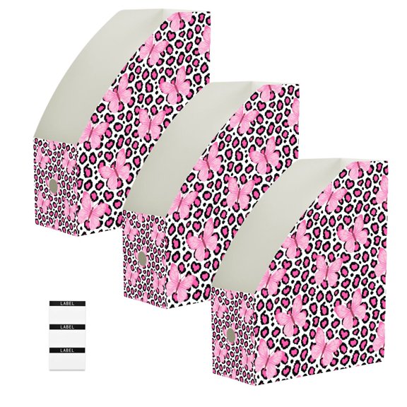 BZSMCE 3/6 Pack Leopard Skin Butterflies Print Desktop File Holders PP Water‑Resistant Magazine Organizer Flat‑Pack Document Folder with Labels for Home Office Desk Organization