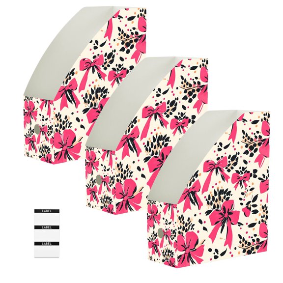 BZSMCE 3/6 Pack Pink Bow Leopard Print Pattern Print Desktop File Holders PP Water‑Resistant Magazine Organizer Flat‑Pack Document Folder with Labels for Home Office Desk Organization