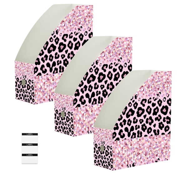 BZSMCE 3/6 Pack Pink Sparkly Glitter Leopard Print Desktop File Holders PP Water‑Resistant Magazine Organizer Flat‑Pack Document Folder with Labels for Home Office Desk Organization