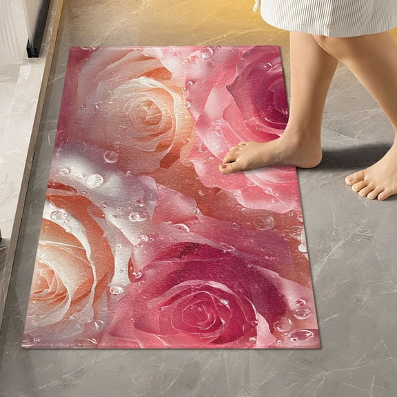 BZSMCE 3d Pink White Roses Pattern Pattern 2-Piece Non-Slip Absorbent Bathroom Rug Set, Soft Bath Mat & Toilet Rug