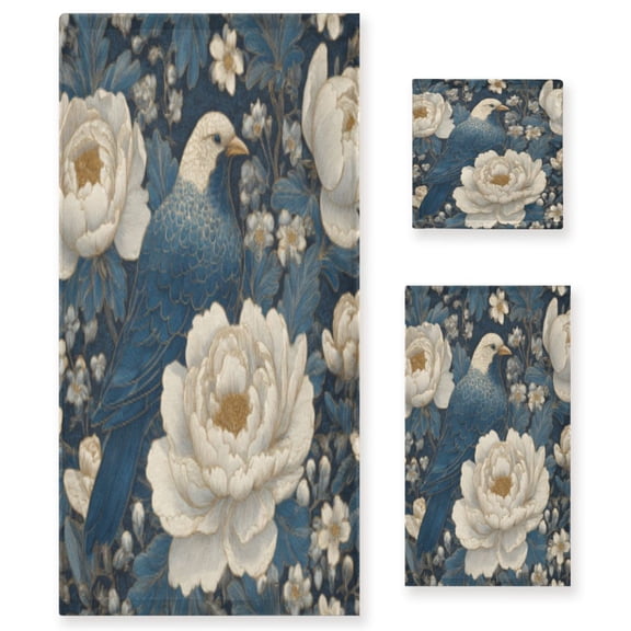 BZSMCE 3piece Bath Towel Sets Hand Bath Towels Fashion Azure Silk Birds Printed Towel Sets