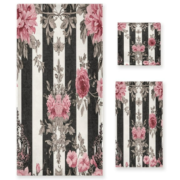 BZSMCE 3piece Bath Towel Sets Hand Bath Towels Fashion Black White Stripes Pink Roses Printed Towel Sets