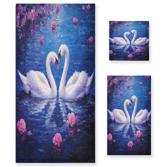 BZSMCE 3piece Bath Towel Sets Hand Bath Towels Fashion Blissful Swans in Blue Printed Towel Sets
