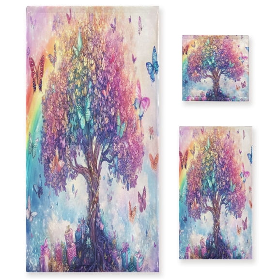 BZSMCE 3piece Bath Towel Sets Hand Bath Towels Fashion Colorful Tree with Butterflies Printed Towel Sets