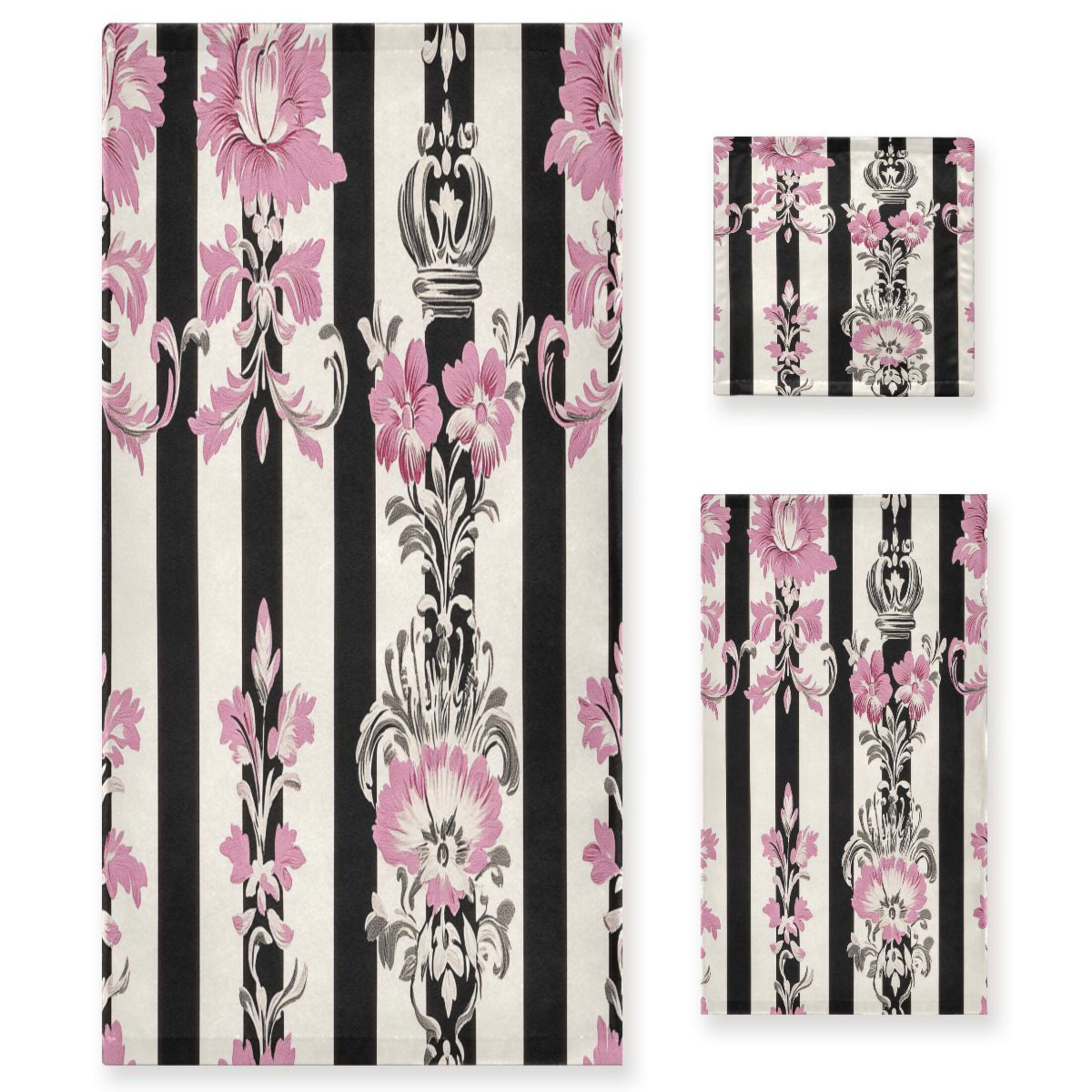 BZSMCE 3piece Bath Towel Sets Hand Bath Towels Fashion Floral Pink Black Damask Printed Towel Sets