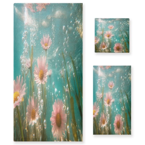 BZSMCE 3piece Bath Towel Sets Hand Bath Towels Fashion Pink Flowers and Bubbles Printed Towel Sets