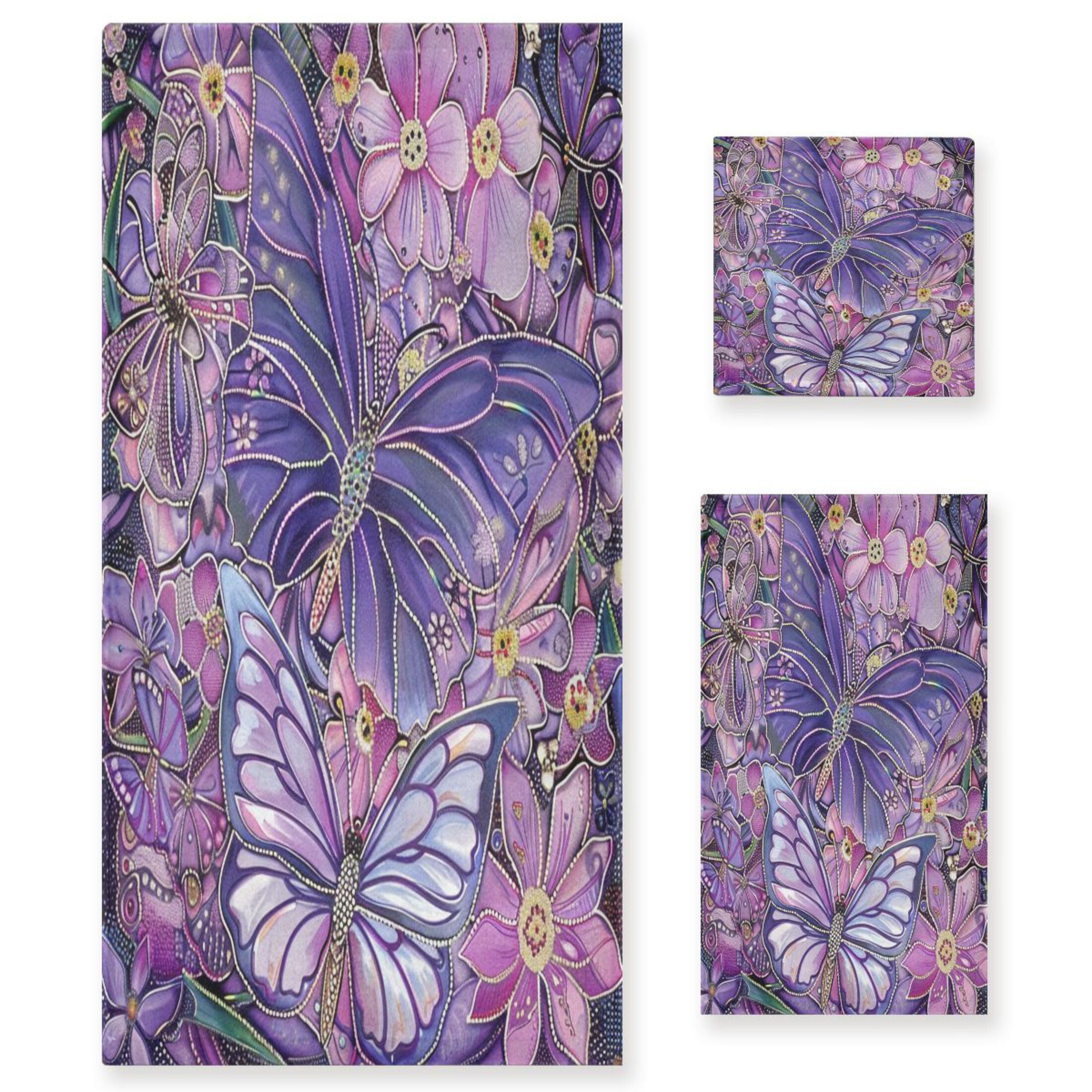 BZSMCE 3piece Bath Towel Sets Hand Bath Towels Fashion Purple Butterfly Garden Printed Towel Sets