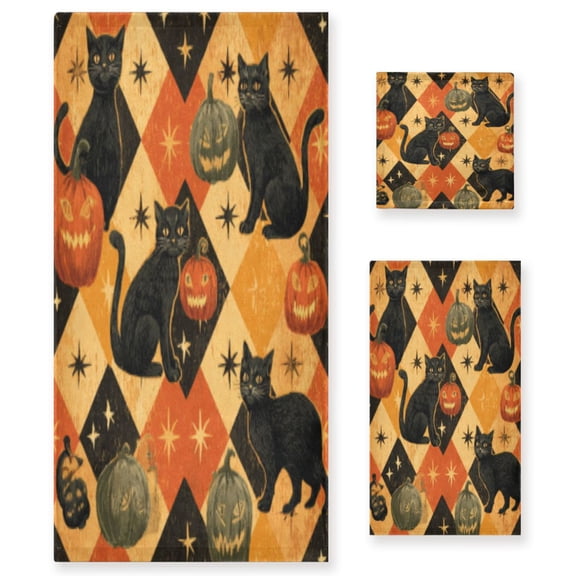 BZSMCE 3piece Bath Towel Sets Hand Bath Towels Fashion Retro Black Cats & Harvest Treasures Printed Towel Sets
