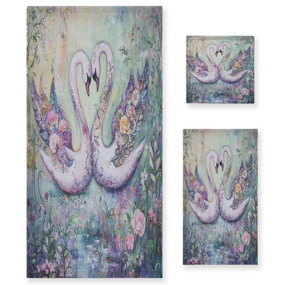 BZSMCE 3piece Bath Towel Sets Hand Bath Towels Fashion Romantic Swans Amongst Flowers Printed Towel Sets