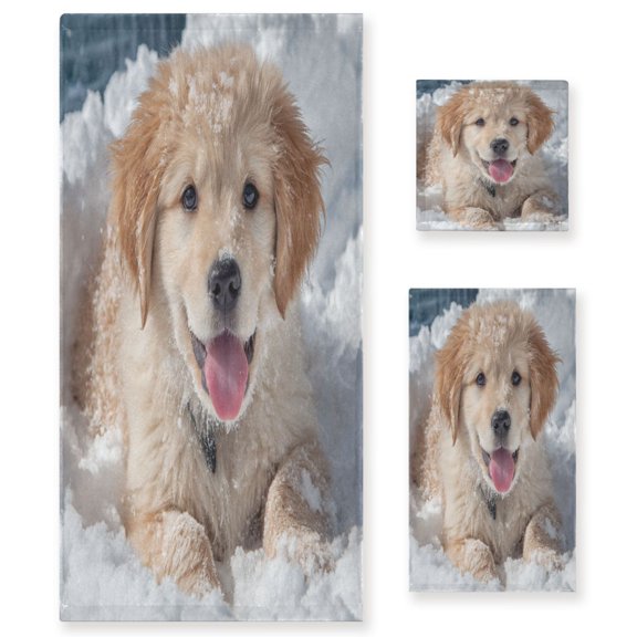 BZSMCE 3piece Bath Towel Sets Hand Bath Towels Fashion Snow Snuggled Golden Pup Printed Towel Sets