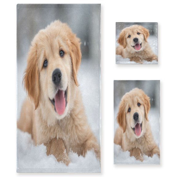 BZSMCE 3piece Bath Towel Sets Hand Bath Towels Fashion Snow-snuggled Golden Pup Printed Towel Sets