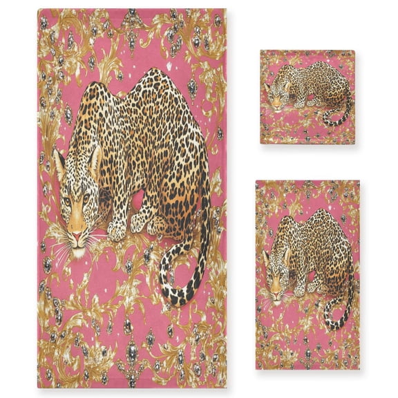 BZSMCE 3piece Bath Towel Sets Hand Bath Towels Fashion The Golden Leopards Printed Towel Sets