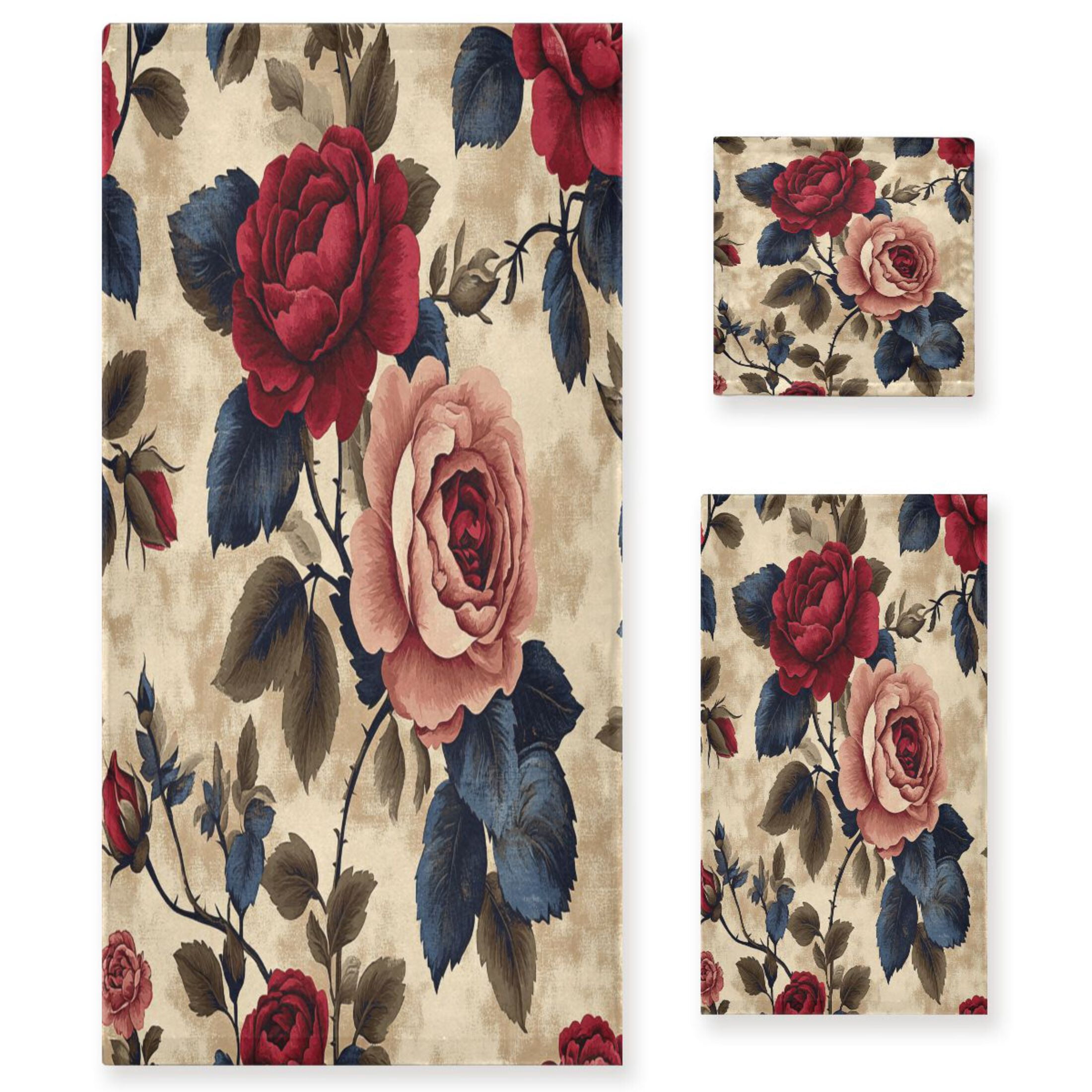 BZSMCE 3piece Bath Towel Sets Hand Bath Towels Fashion Vintage Floral Elegance Printed Towel Sets