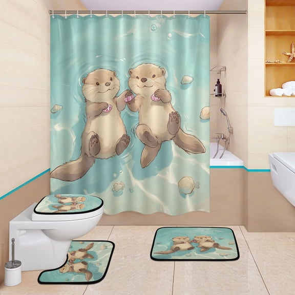 BZSMCE 4PCS Adorable Otter Friends Floating Shower Curtain Set Bathroom Decorative Set