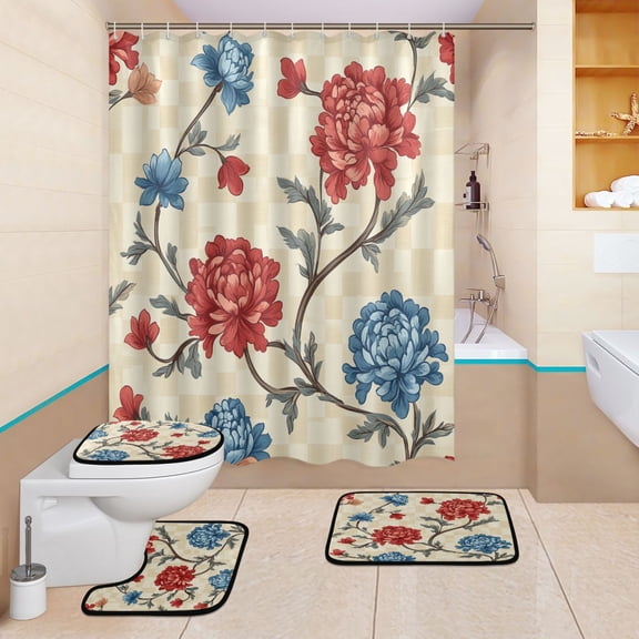 BZSMCE 4PCS Blossom Tango Shower Curtain Set Bathroom Decorative Set