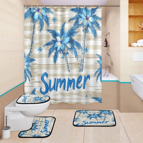 BZSMCE 4PCS Blue Island Escape Shower Curtain Set Bathroom Decorative Set