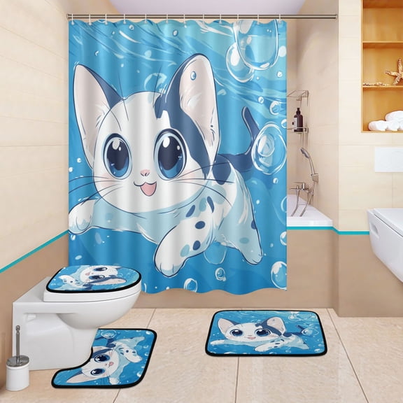 BZSMCE 4PCS Bubbly Aquatic Explorer Shower Curtain Set Bathroom Decorative Set